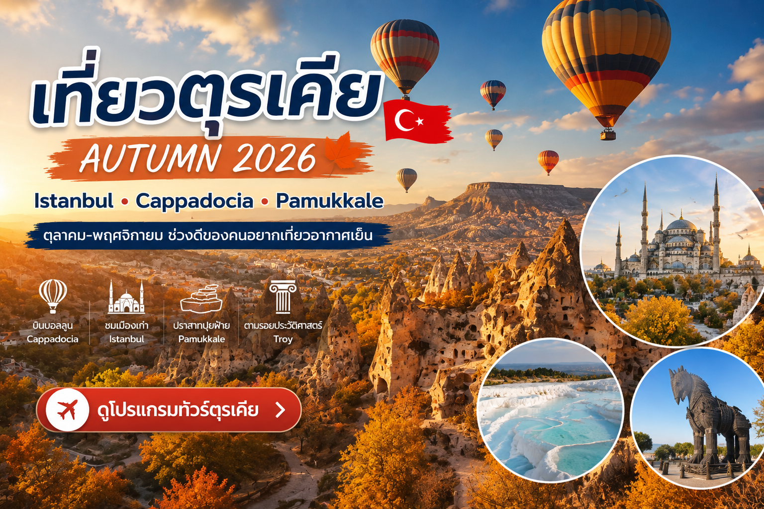 เที่ยวตุรเคีย ตุลาคม–พฤศจิกายน 2026 ดีไหม? เทียบอากาศ Cappadocia–Istanbul พร้อมทัวร์ Autumn