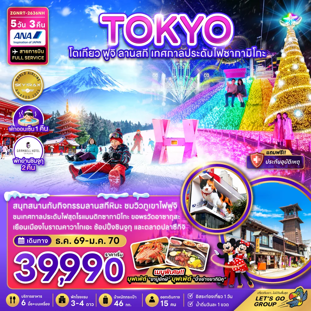ทัวร์ญี่ปุ่น โตเกียว ฟูจิ ลานสกี เทศกาลประดับไฟซากามิโกะ (การันตรีพักย่านชินจูกุ 2 คืน) 5วัน 3คืน (NH)